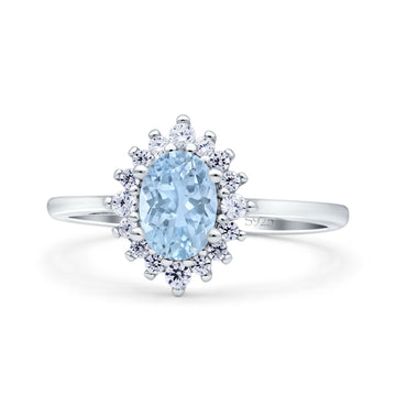 Halo Oval Art Deco Bridal Wedding Ring Simulated Aquamarine CZ 925 Sterling Silver